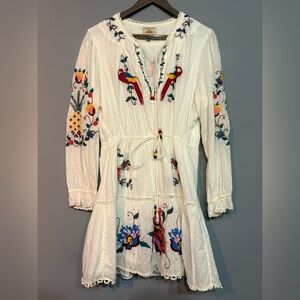 Farm Rio - Macaw Cross Stitch Embroidered Mini Dress-Off White
